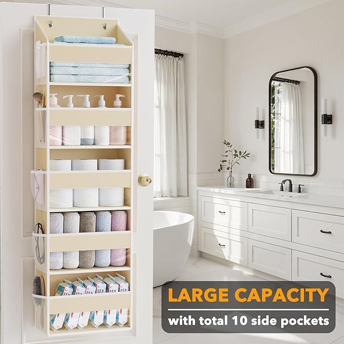 SpaceAid 1 Pack Over The Door Organizer with 5 Large Pockets and 10 Mesh Side Pockets, 5 Layers Door Organizer Hanging with Clear Window for Bedroom, Bathroom, Pantry and Nursery, Beige-Ruum Studio Home