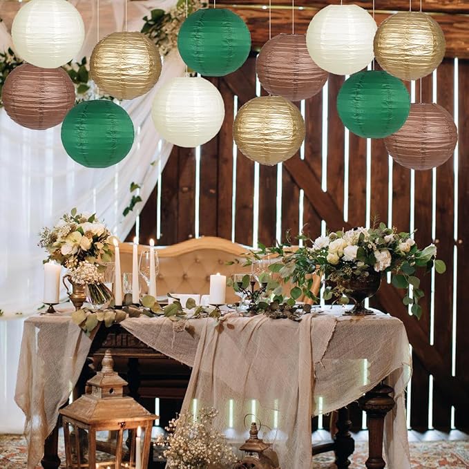Paper Lanterns Green Brown Gold Round Hanging Chinese Lanterns for Birthday Party Gender Neutral Woodland Baby Shower Decorations Pack of 12-Ruum Studio Home