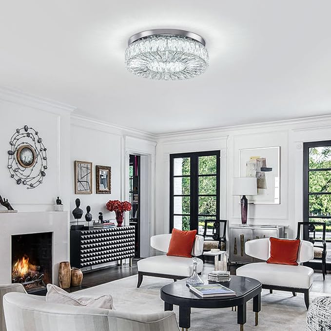 16.5" Crystal Chandelier LED Modern Flush Mount Ceiling Light Fixtures Round Ring Luxury Large Chandelier for Living Room Bedroom Dining Room Entrance (Cool white-16.5")-Ruum Studio Home