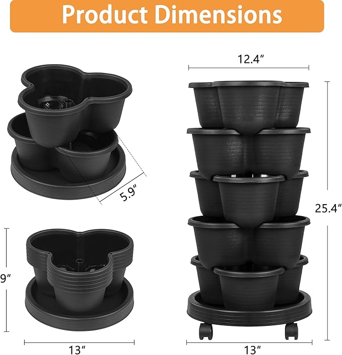 VECELO 5 Tier Vertical Garden Planter, Self Watering Stackable Planters with Wheels for Strawberries, Herbs, Flowers, Vegetables, Black-Ruum Studio Home
