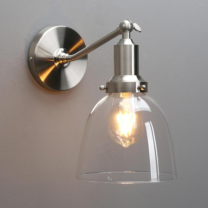 PERMO Industrial Vintage Slope Pole Wall Mount Single Sconce with 6.7" Oval Dome Clear Glass Shade Wall Sconce Light Lamp Fixture (Brushed Nickel)-Ruum Studio Home
