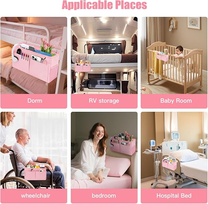 Bedside Caddy Organizer with Fixed Straps, Bunk Bed Caddy ideal for Home, Bunk Bed, Dorm, Hospital, Crib, Versatile Bedside Storage Solution (Pink)-Ruum Studio Home