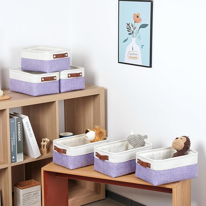 DULLEMELO Small Storage Baskets 6 Pack, Fabric Collapsible Gift Storage Baskets for Shelves, Closets, Nursery, Home, Office Organizing,Small Canvas Linen Rectangular Storage Bins (White&Purple)-Ruum Studio Home