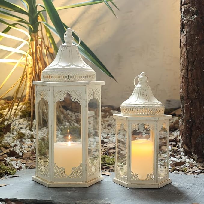 NEEDOMO Lanterns Decorative Outdoor & Indoor, Set of 2 Outdoor Lanterns for Porch,Large Candle Lantern, Beige Metal Frame with Glass for Fall, Christmas-Ruum Studio Home