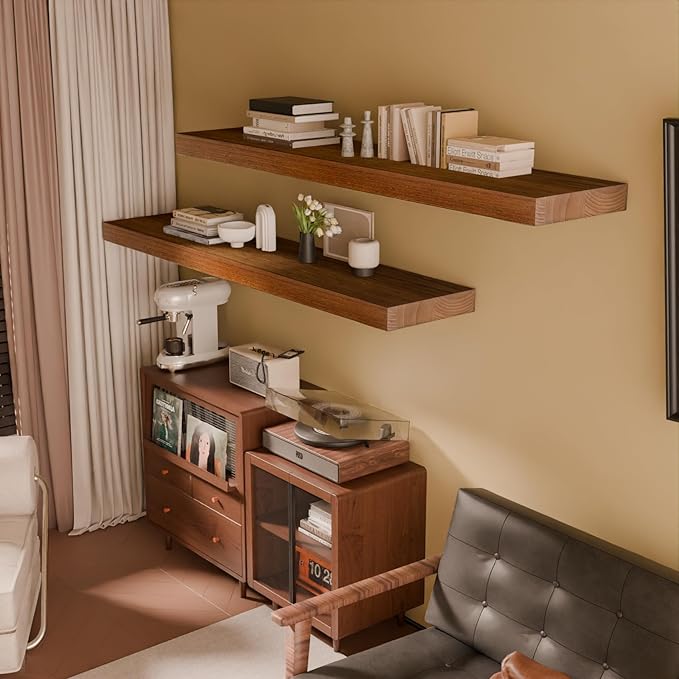 IAE Walnut Floating Wall Shelves 55 inch, Bathroom Shelves Wall Mounted,Invisible Shelves Floating Kitchen Shelves,Wooden Wall Shelves with Brackets for Living Room Wall Mounted,Easy Install,Set of 2-Ruum Studio Home