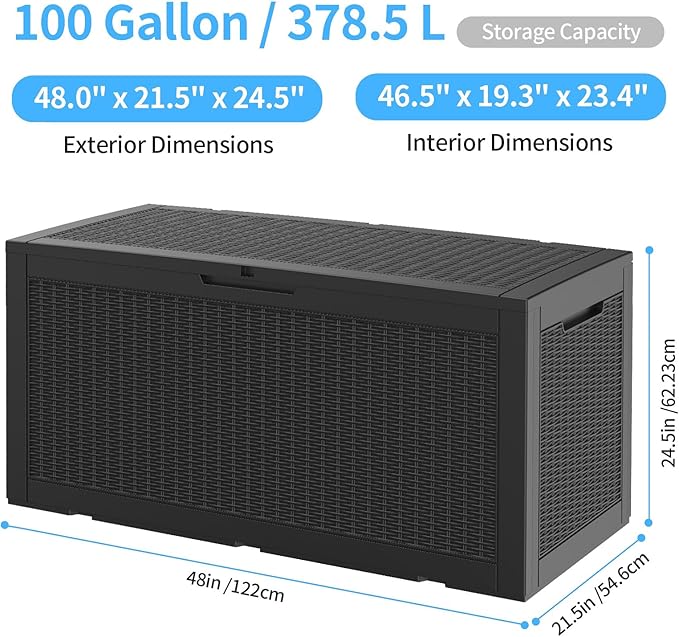 100 Gallon Outdoor Storage Box,Large Waterproof Resin Deck Box,Lockable Storage Container with Reinforced Support for Patio Cushions,Garden Tools,UV-Resistant（Black Rattan）-Ruum Studio Home
