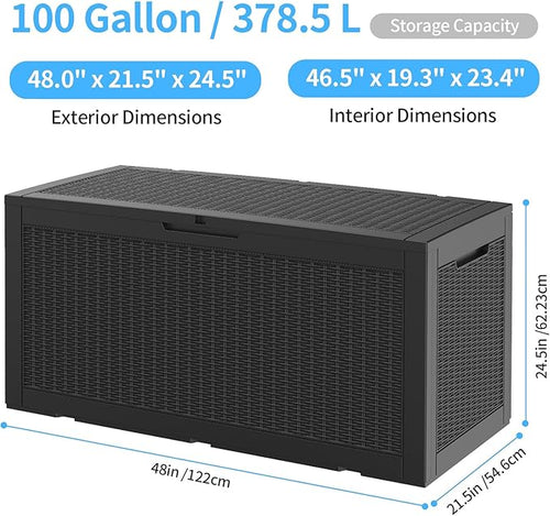 100 Gallon Outdoor Storage Box,Large Waterproof Resin Deck Box,Lockable Storage Container with Reinforced Support for Patio Cushions,Garden Tools,UV-Resistant（Black Rattan）-Ruum Studio Home