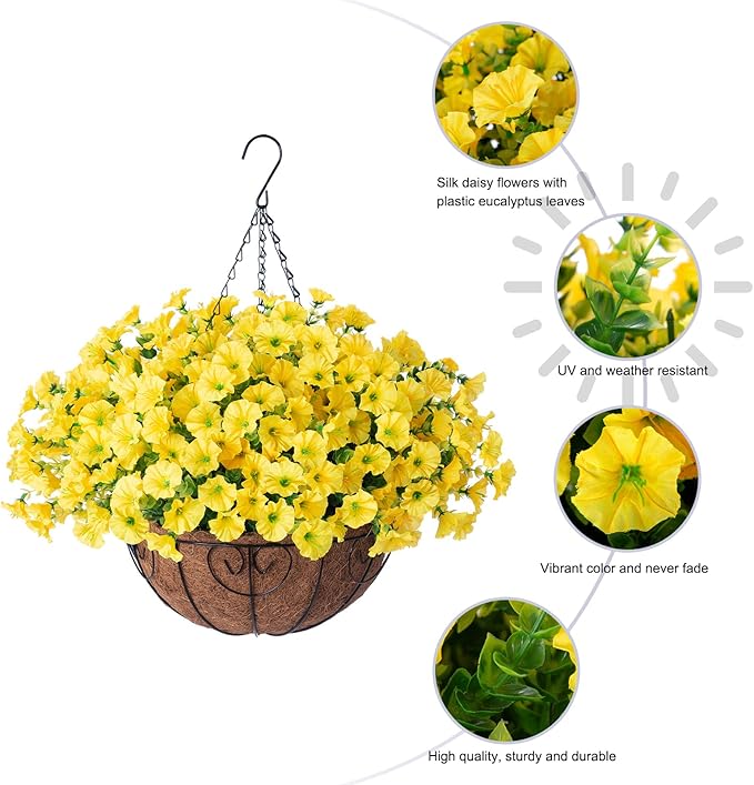 Artificial Fall Flowers Fake Hanging Plants Flowers Basket for Outdoors Autumn Decoration, Yellow Silk Morning Glory with Eucalyptus Look Real UV Resistant Faux Flowers for Outside Porch Patio Balcony-Ruum Studio Home