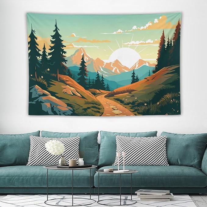 HZOHNAGO Mountain Tapestry Forest Mountain Sunrise Road Pattern Printed Wall Tapestry Wall Hanging for Bedroom Living Room Dorm 60" W x 40" H-Ruum Studio Home