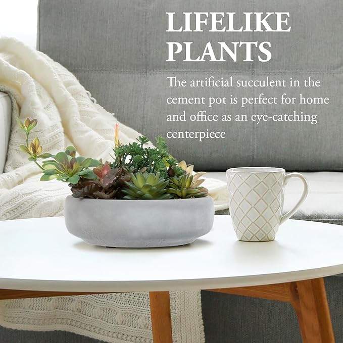 MyGift Assorted Indoor Fake Plants Artificial Succulent Arrangement in Round Gray Cement Planter Pot-Ruum Studio Home