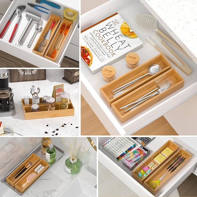 Silverware Tray for Drawer, Stackable Kitchen Bamboo Drawer Organizer 12" x 3" x 2" Set of 2-Ruum Studio Home