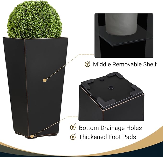Metallic Taper Planter, 26 Inch Tall Tapered Planter for Front Porch, Patio, Deck, Garden Indoor/Outdoor Tree Planters, Set of 2 Black with Copper Hand Brushed Rim-Ruum Studio Home