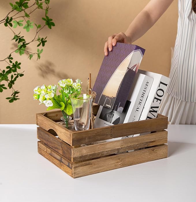 Set of 3 Nesting Wooden Crates, Rustic Wooden Storage Container Boxes with Cutout Handles, Decorative Farmhouse Wood Baskets for Display (Natural)-Ruum Studio Home