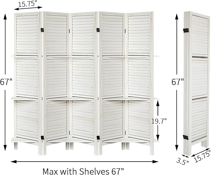 Room Divider with Shelves, Privacy Screen, Room Dividers and Folding Privacy Screens, 5 Panel Wood Temporary Wall Partition Separation Separator, White-Ruum Studio Home
