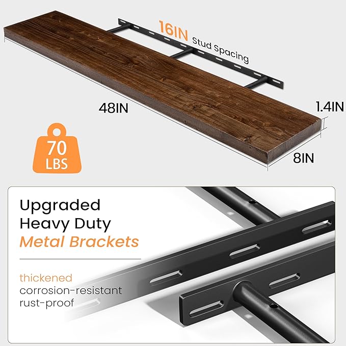 Fun Memories Wood Floating Shelves for Wall, 48 Inch Floating Shelves Wall Mounted, Rustic Elm Wood Shelf for Home Decor, Heavy-Duty Storage Shelves for Living Room, Bathroom, Kitchen, Walnut Finish-Ruum Studio Home
