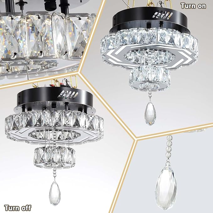 Flashing God Small Crystal Chandeliers Dia 12" Black Chandelier Flush Mount Ceiling Light for Bedroom Living Room Dining Room Hallway Dimmable 3 Rings LED Celing Lighting Fixtures-Ruum Studio Home