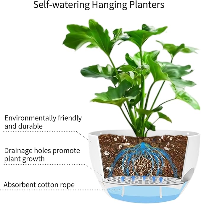 2 Pack Hanging Planters for Indoor Outdoor Plants, 8 Inch Self Watering Hanging Pot with Drainage Holes and Saucer, Plastic Plant Pots, White Flower Pots for Kitchen, Balcony, Garden-Ruum Studio Home