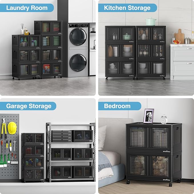 300Qt Stackable Storage Bins with Lids, 75Gal Closet Organizers and Storage Drawer, Plastic Collapsible Storage Bins with Doors, Heavy Duty Store Box Cabinet for Home Kitchen, 3Pack Black-Ruum Studio Home