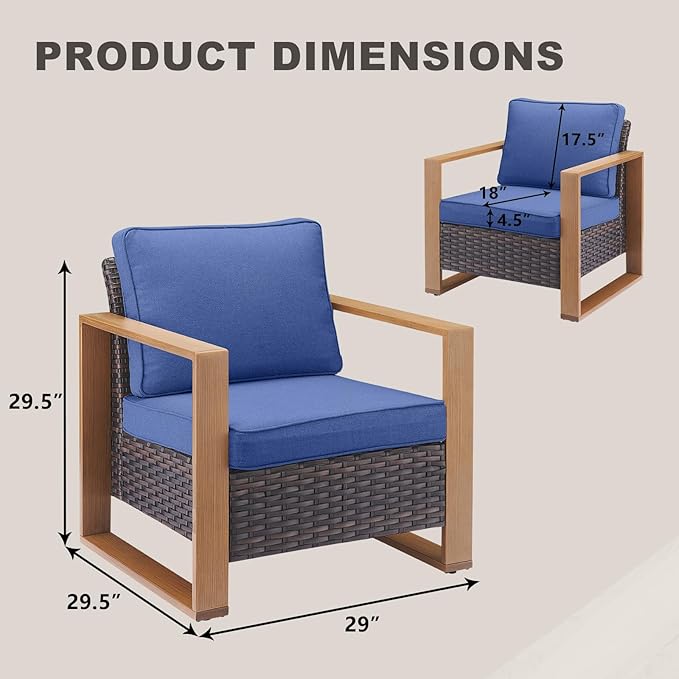 Wicker Outdoor Patio Chairs Set of 2, Rattan Patio Furniture Chairs with Sturdy Frame,All-Weather PE Wicker,Wide Armrest,Deep Seating and Thick Cushions for Deck Porch Garden(Brown/Blue)-Ruum Studio Home