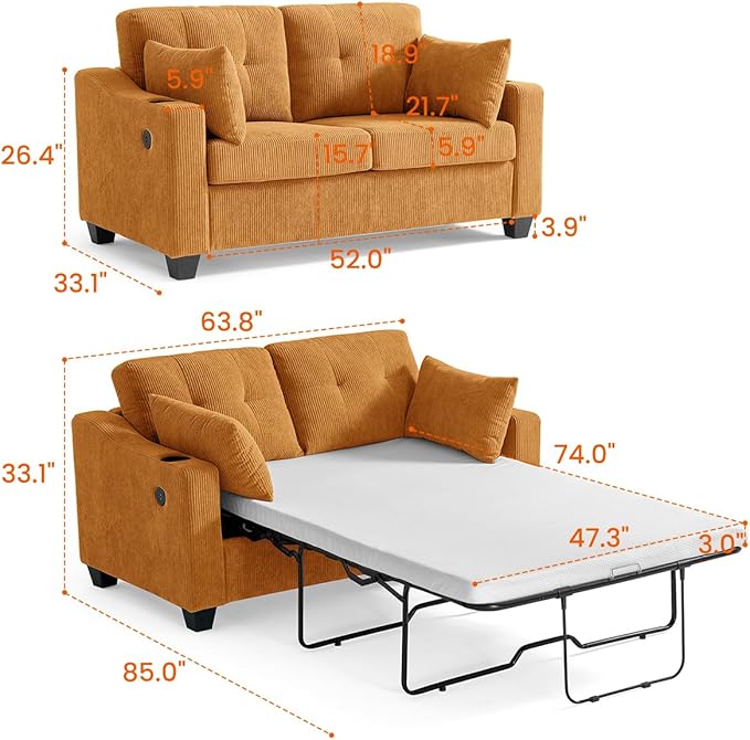 Pull Out Sofa Bed, Full Size Sleeper Sofa, 2-in-1 Convertible Corduroy Couch with USB Charging, Memory Form Couch for Living Room, Apartment and Small Space (Mustard Yellow, Corduroy - Full Size)-Ruum Studio Home