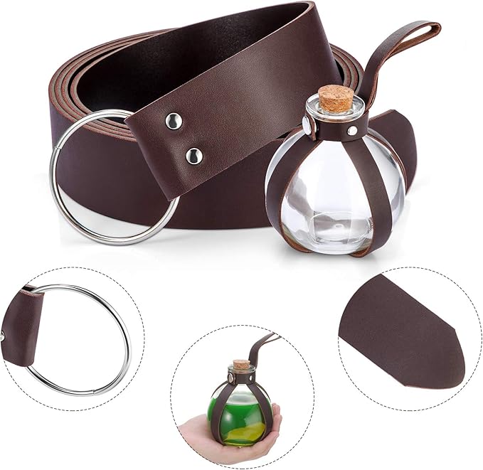 Boao Potion Bottles with Cork Set Dark Magic Cork Round Potion Bottle with Leather Belt Clear Glass Large for Halloween Costume Props DIY Crafts Decorative, 200 ml(Brown)-Ruum Studio Home
