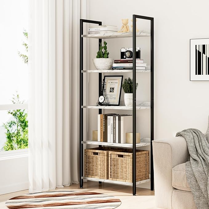 NUMENN Bookshelf, 5 Tier Bookshelves, Home Office Bookcase Shelf Storage Organizer, Free Standing Storage Shelving Unit for Bedroom, Living Room and Home Office, White Marble-Ruum Studio Home