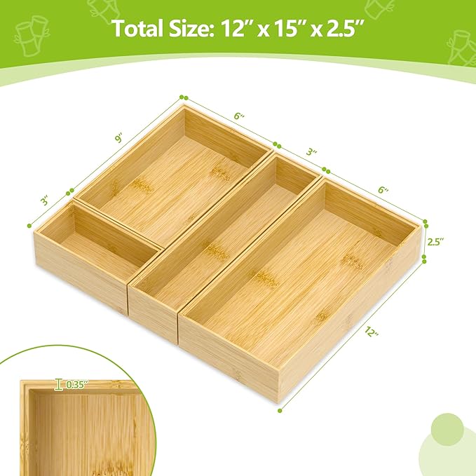 Silverware Bamboo Drawer Organizer Tray, 4 PCS Kitchen Drawer Organizer Storage for Utensil Cutlery, Bathroom, Office Desk, Makeup-Ruum Studio Home