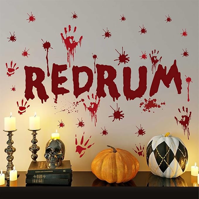 Halloween Redrum Murder Wall Decal Horror Ghost Hand Wall Decals Halloween Blood Splatter Decals Removable Peel and Stick Walls Stickers for Haunted House Party Window Decor-Ruum Studio Home