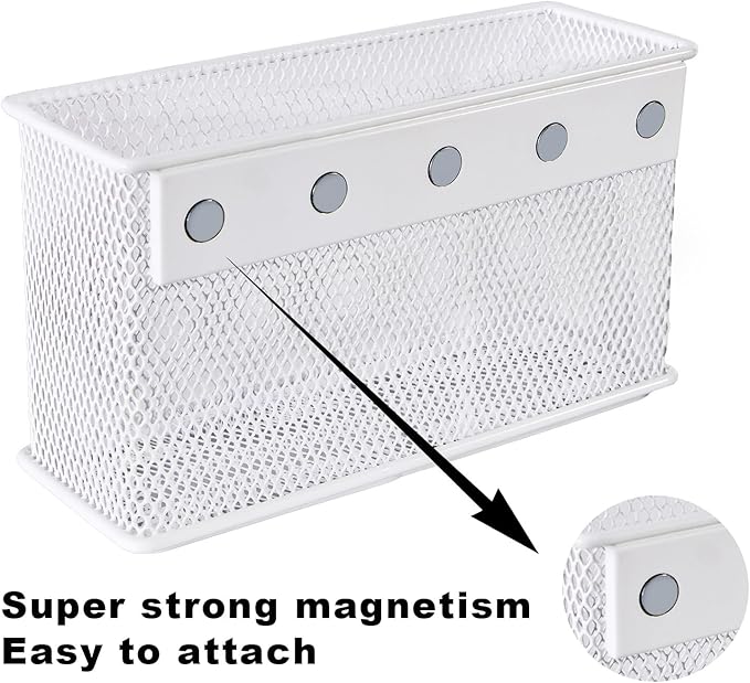White Magnetic Basket, Magnetic Shelf Pencil Holder for Refrigerator, Wire Mesh Magnetic Bin, Magnetic Organizer Whiteboard Desktop Storage, 6.29"x2.28"x3.54"-Ruum Studio Home