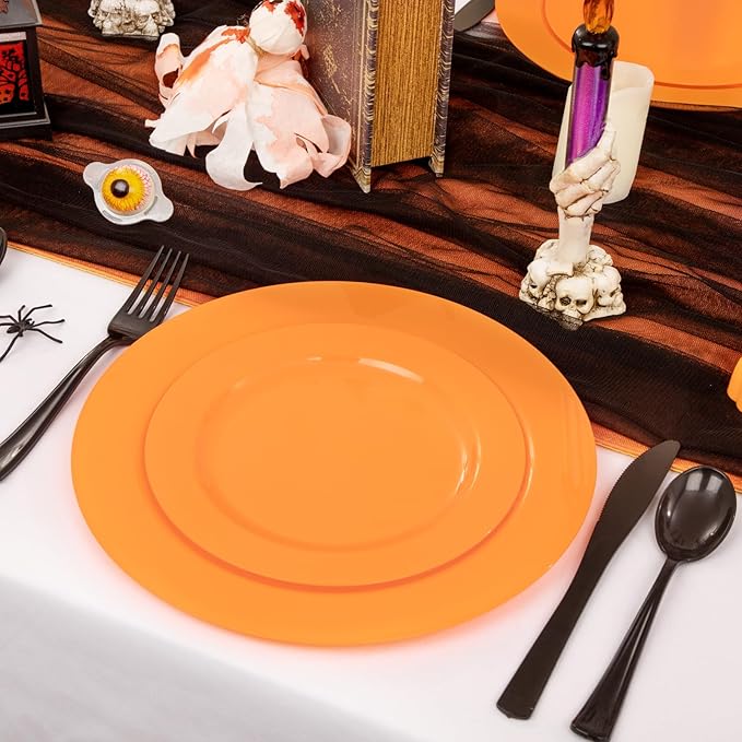 FLOWERCAT 60PCS Orange Plates - Heavy Duty Orange Plastic Plates Disposable for Halloween & Thanksgiving Party - Serve 30 Guests 10.25inch and 7.5inch-Ruum Studio Home