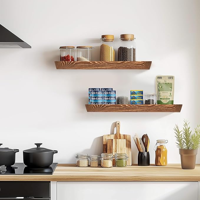 24"x6.8"x1.6" Slanted Floating Wall Shelves 2-Pack - Rustic Brown Finish, Heavy-Duty Solid Wood Design with Hidden Brackets - Perfect for Living Room, Kitchen, Bathroom, or Office-Ruum Studio Home