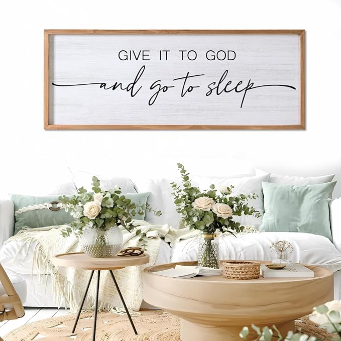 Give It to God and Go to Sleep Decorative Rustic Sign & Plaque Framed Wall Art for Couples, 40''×15'' Vintage Cottagecore Wooden Horizontal Wall Decor Above Bed, Farmhouse Wedding Gift for Bedroom-Ruum Studio Home