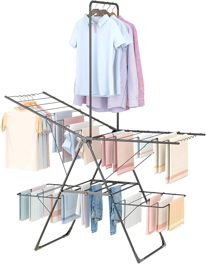 Bigzzia Clothes Drying Rack Foldable, 68.9Inch High Hanger Laundry Drying Rack with 4 Height-Adjustable Wings, Lightweight and Space Saving Clothes Airer for Apartments, Dorms, Camping-Ruum Studio Home