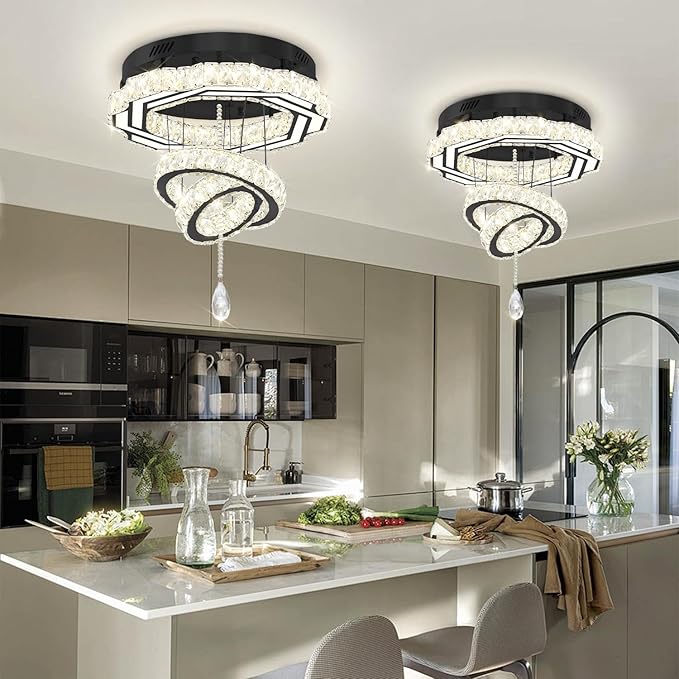 Flashing God Dia 20" Modern Chandeliers for Dining Room Black Flush Mount Ceiling Chandeliers LED Dimmable Pendant Lighting Crystal Ceiling Light Fixture for Living Room Bedroom Hallway 2700K-6000K-Ruum Studio Home