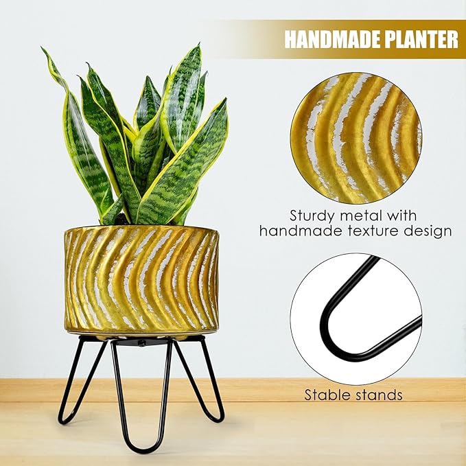 Harvest Land Plant Pots with Stand, Set of 2 Large Modern Planters Metal Tall Handmade Flower Pots with Drainage Holes Indoor Outdoor,Gold-Ruum Studio Home