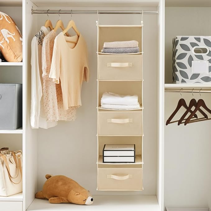 MAX Houser 6 Tier Shelf Hanging Closet Organizer, Closet Hanging Shelf with 2 Sturdy Hooks for Storage, Foldable (Beige-D3)-Ruum Studio Home