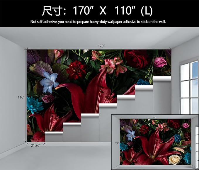 Large Dark Floral Wallpaper Colorful Spring Flowers Background Wall Mural (Not Peel and Stick)-Ruum Studio Home