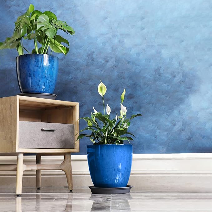 FixtureDisplays® Garden Plastic Round 11.8" Diameter 12" Tall Planter Resin Glazed Faux Ceramic Flower Pots Drainage Hole with Saucer Decorative Pot 15580-NF-Ruum Studio Home