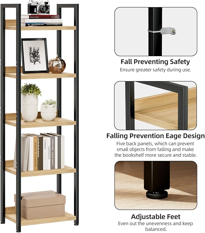 NUMENN Narrow Bookshelf, 5 Tier Bookshelves, Home Office Bookcase Shelf Storage Organizer, Free Standing Storage Shelving Unit for Bedroom, Living Room and Home Office, Natural-Ruum Studio Home