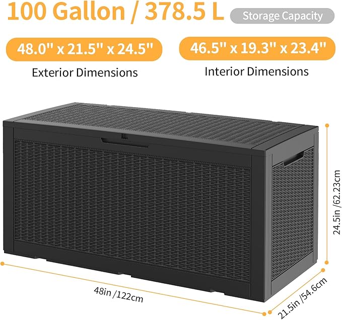 100 Gallon Outdoor Storage Box,Waterproof Lockable Resin Deck Box,Storage Container with Reinforced Support for Patio Cushions, Furniture Supplies, Garden Tools, UV-Resistant Outdoor Chest (Black)-Ruum Studio Home