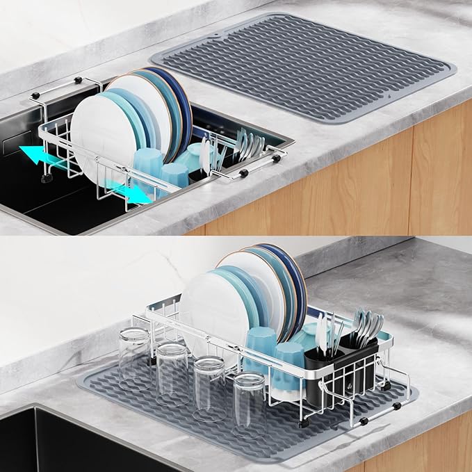 GSlife Expandable in Sink Dish Drying Rack Small with Silicone Mat - Stainless Steel Capacity Adjustable Over The Sink Dish Rack with Utensil Holder for Counter or Inside Sink (12.4" -16.8"), Silver-Ruum Studio Home