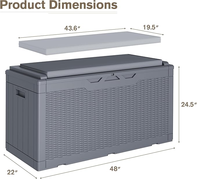JUMMICO 100 Gallon Resin Deck Box with Cushion, Waterproof Outdoor Storage Box with Lockable Lid for Garden Tools, Patio Cushions (Gray)-Ruum Studio Home