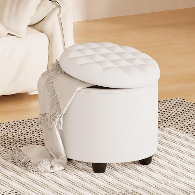 Furniliving Upholstered Button Tufted Round Ottoman, PU Storage Ottoman Round, Removable Lid Convenient Footstools, Classic Ottoman with Storage for Vanity, Nursery Room，IvoryWhite-Ruum Studio Home