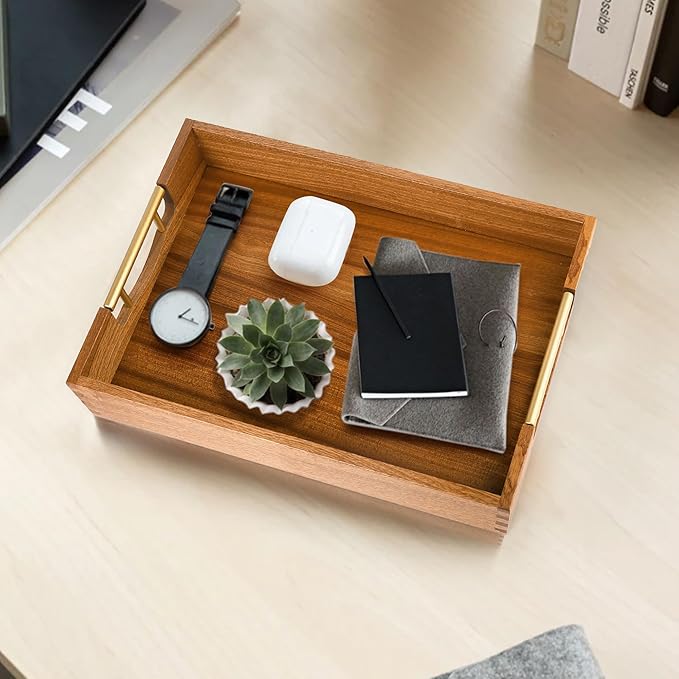 LotFancy Wood Serving Tray with Metal Handles, 17x13 Inch, Large Ottoman Tray, Decorative Wooden Tray for Living Room, Ottoman, Coffee Table, Countertop Centerpiece-Ruum Studio Home