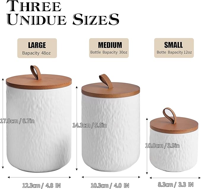 JOJUNO White Ceramic Canister Set with Wooden Lid, 3-Piece Airtight Food Storage Jars for Kitchen Counter - Flour, Sugar, Coffee, Tea, Spice - Small, Medium, Large Sizes - Stone Texture-Ruum Studio Home