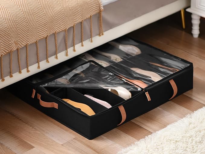 StorageWorks Shoe Organizer Under Bed for Closet, 2-Pack Ultra-thick Fabric Shoe Storage Containers with Bottom Support and Adjustable Dividers, Fits up to 24 Pairs, Black-Ruum Studio Home