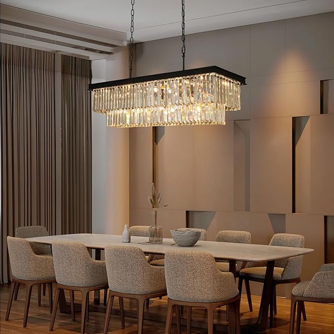 Crystal Chandeliers for Dining Room Light Fixtures Over Table，15-Lights Black Modern Rectangle Chandeliers for Kitchen Island Bar L40 Inch-Ruum Studio Home