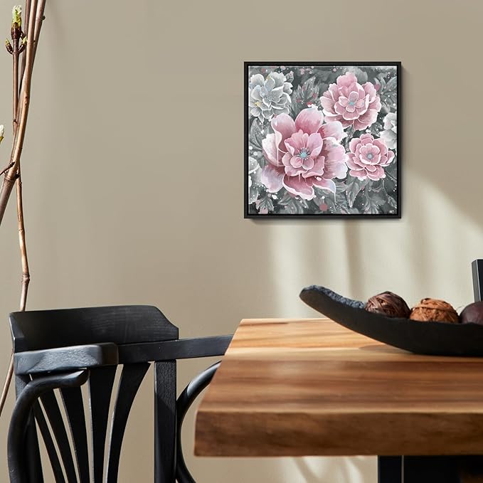 Pink Wall Art Bathroom Décor Modern Framed Floral Wall Picture Black and White Artwork Peony Flower Canvas Print for Bedroom Office Dining Room Décor Small-Ruum Studio Home
