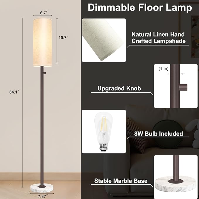 Dimmable Gold Floor Lamp for Living Room,Modern Standing Lamp with Marble Base,LED Bulb Included,Floor Lamps for Bedroom, Living Room,Office,Reading and Nursery(Brown Floor Lamp)-Ruum Studio Home