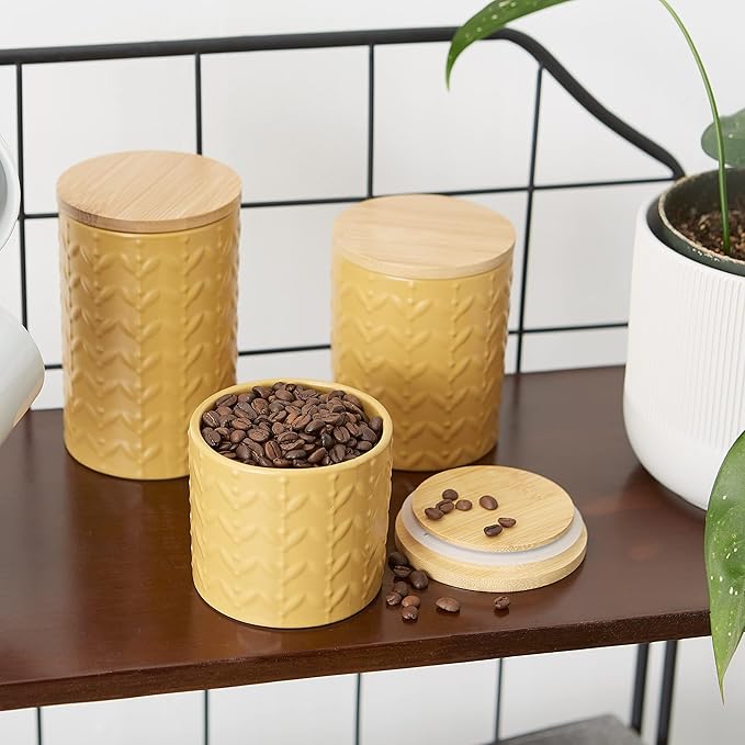 DII Kitchen Accessories Collection, Textured Matte Ceramic Canister Set, Honey Gold, Vine, 3 Piece-Ruum Studio Home